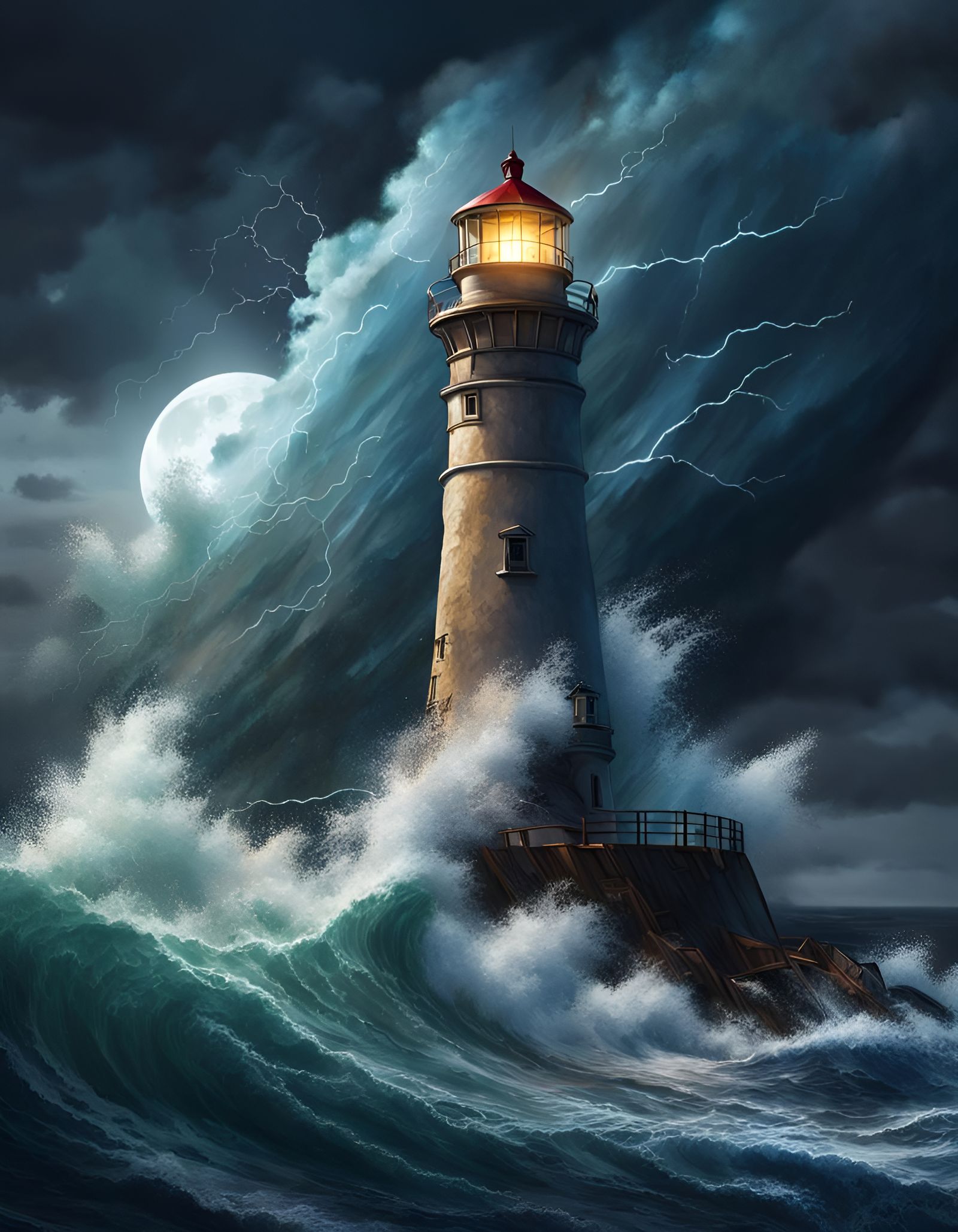 Hyperrealistic Lighthouse in Stormy Moonlight