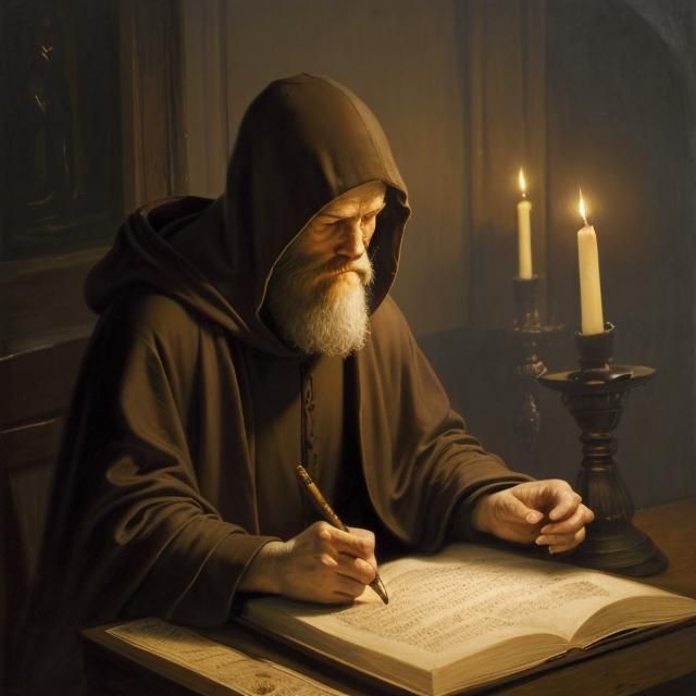 Monk Writing by Candlelight in Rembrandt Style