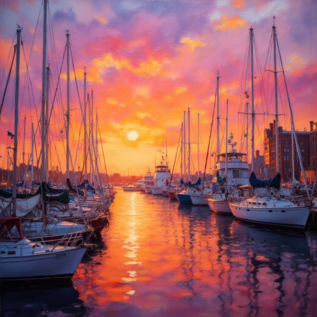 Inner Harbor Sunset with Sailboats, Hyperrealistic Oil Paint...