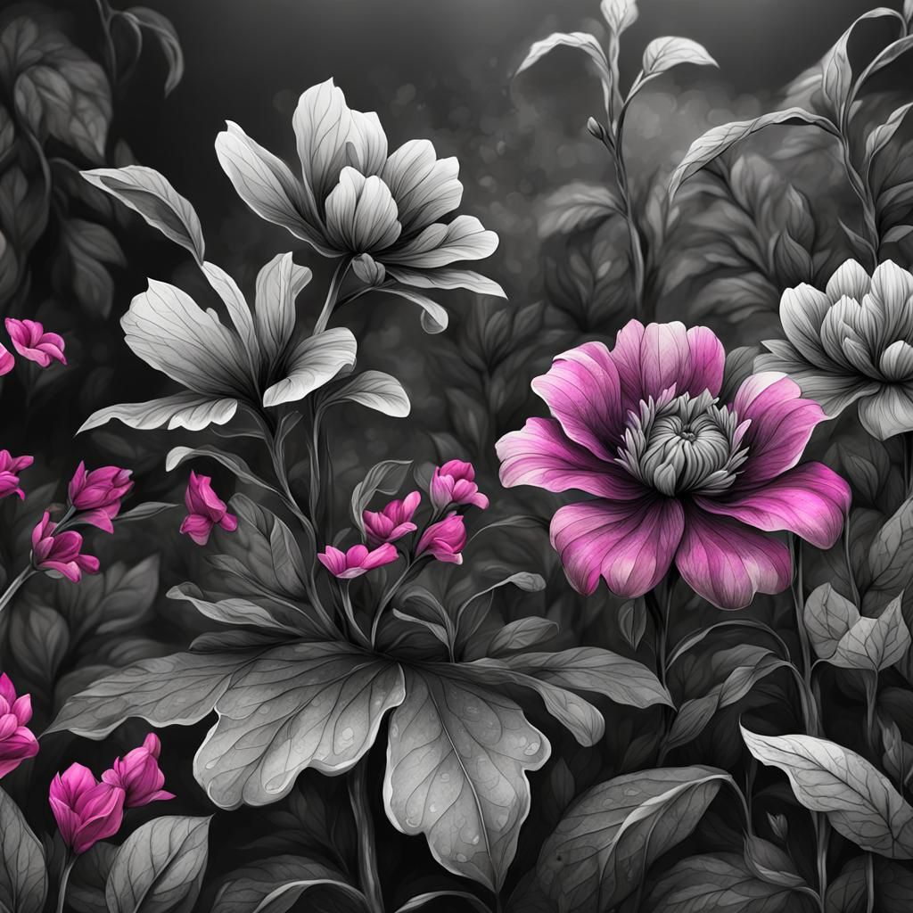 Inked Flowers with Detailed Leaves in Grayscale