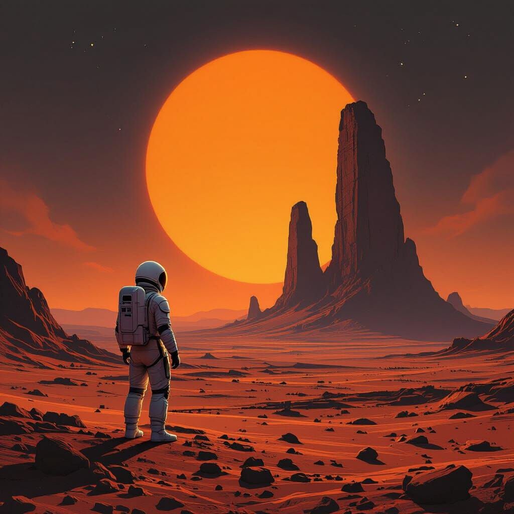 Spaceman on Alien Planet Gazing at Ancient Ruin in Binary Su...