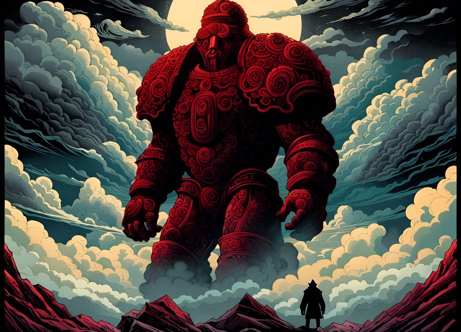 Stone Golem in Crimson and Onyx Landscape
