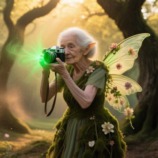 Elderly Fairy Photographer in Annie Leibovitz Style