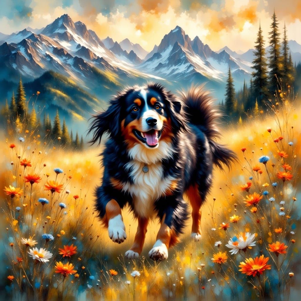 Bernese Mountain Dog Running Through Wildflowers as Impasto ...