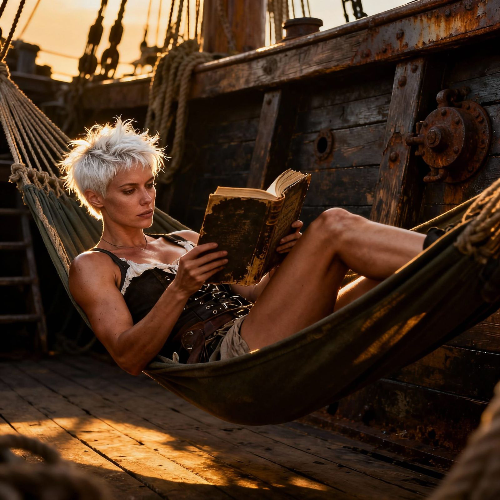Athletic Pirate Woman Reads Logbook in Hammock