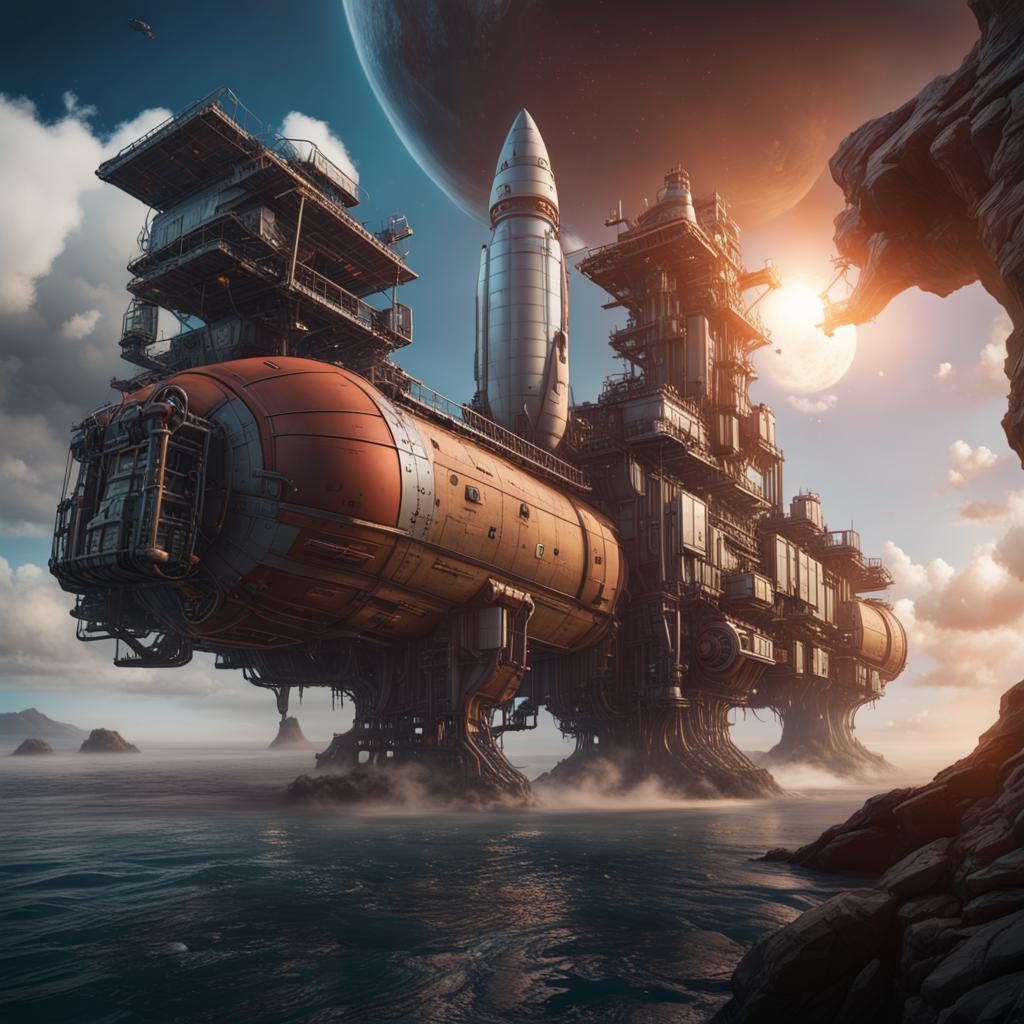 Fantastical Rocket Freighter Seal in Detailed Matte Painting