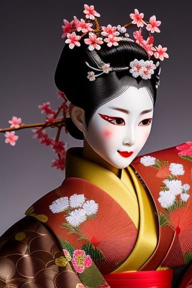 Japanese Woman in Kimono with Cherry Blossoms