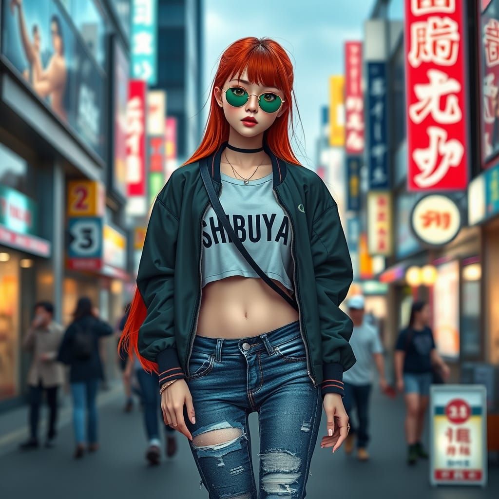 Hyperrealistic Japanese Street Fashion Model in Shibuya