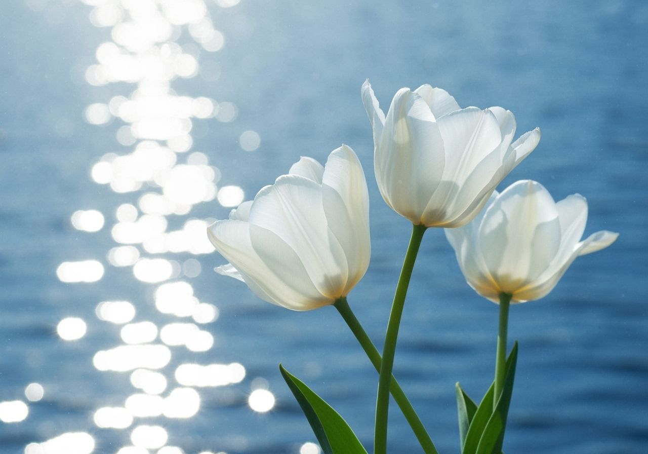 Dreamy White Tulips by Shimmering Blue Water