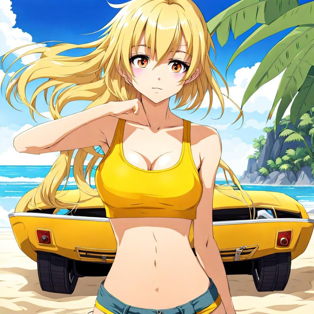 Anime Girl with Blonde Hair on the Beach