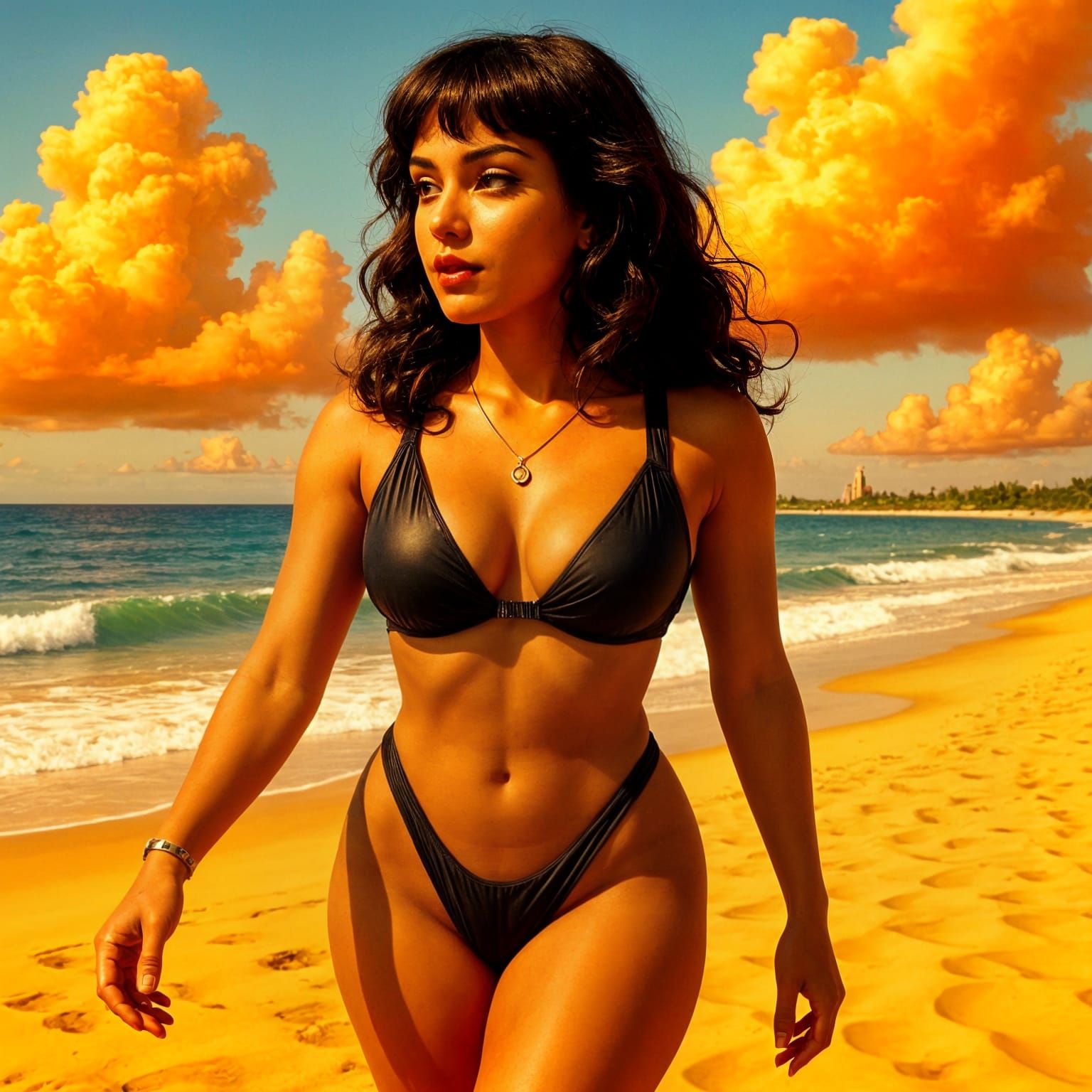 Retrofuturistic Atompunk Bikini on Golden Beach
