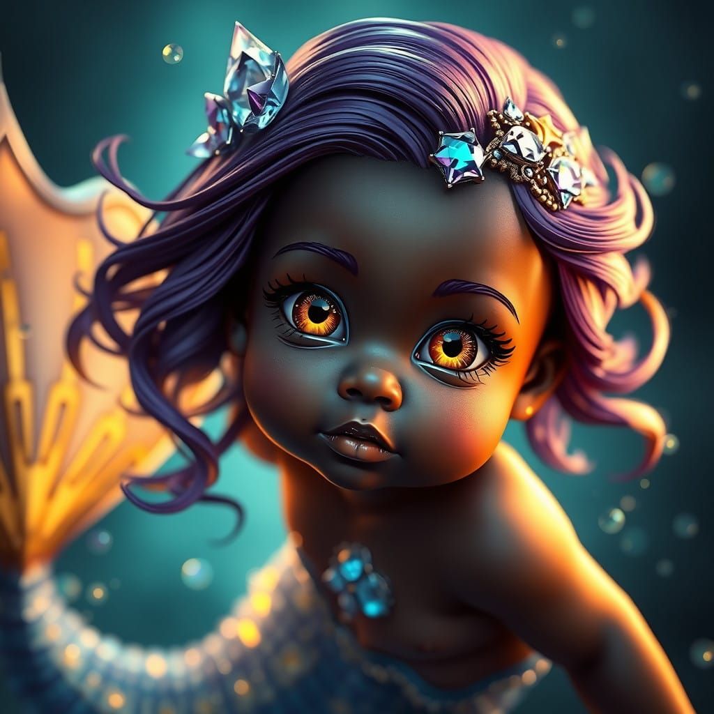Fantastical Amethyst and Sapphire Baby Mermaid in Vibrant Mo...