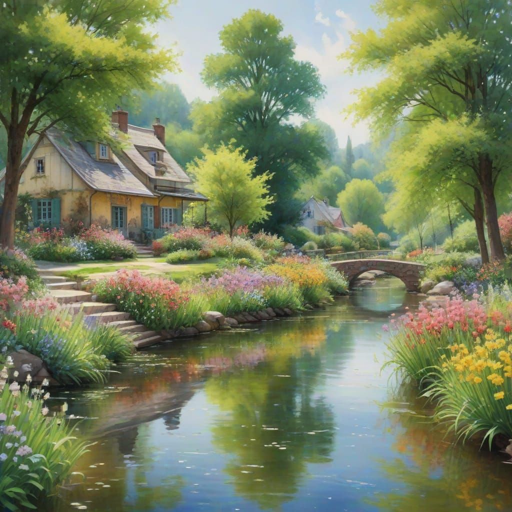 Serene Spring Village in Impressionist Style