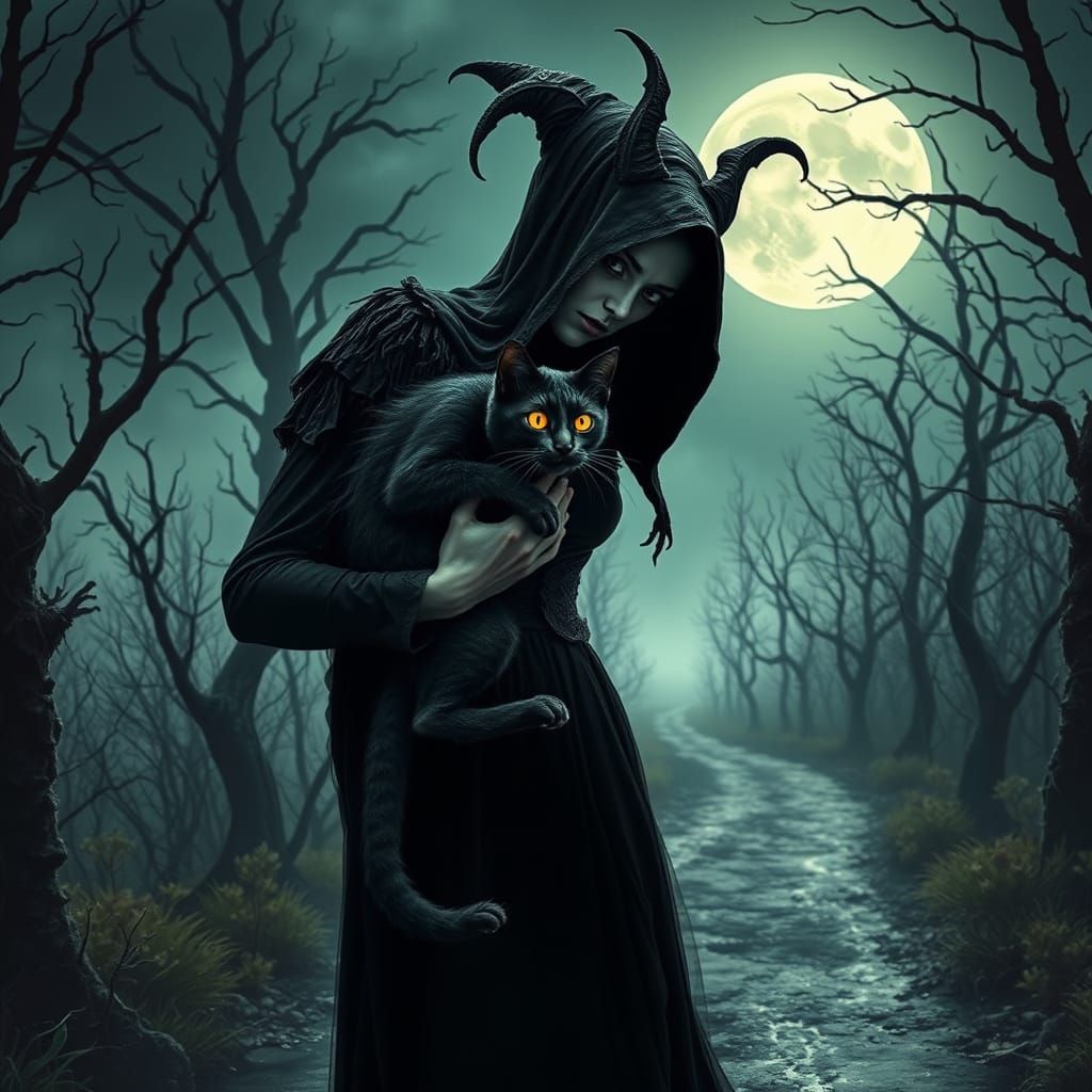 Malicious Sorceress Holds Diabolical Black Cat Under Moonlig...