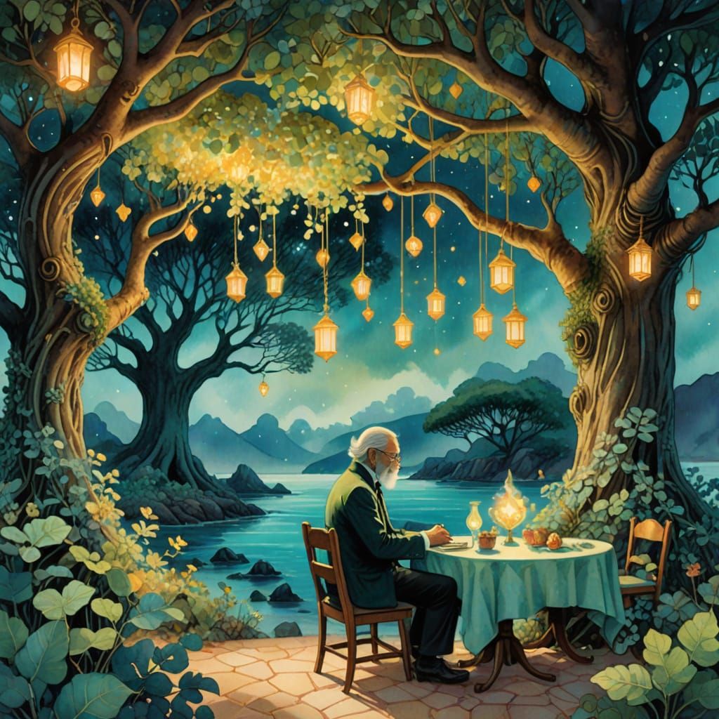 Man Under Sea Grape Tree by Tropical Ocean in Watercolor Sty...