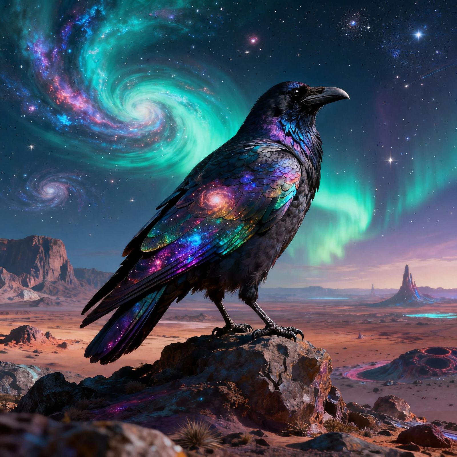 Giant Cosmic Crow on Alien Landscape