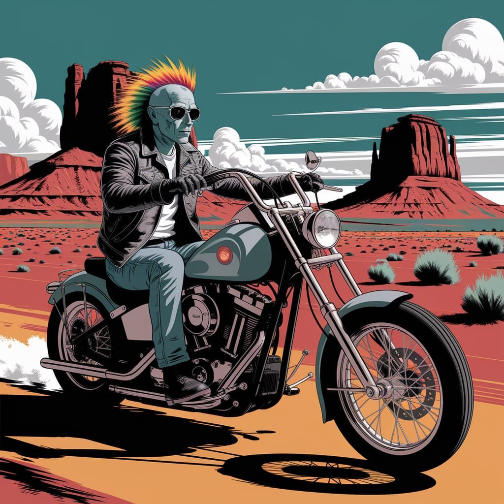 Rasta Grey Alien Outlaw Biker Cruising Monument Valley