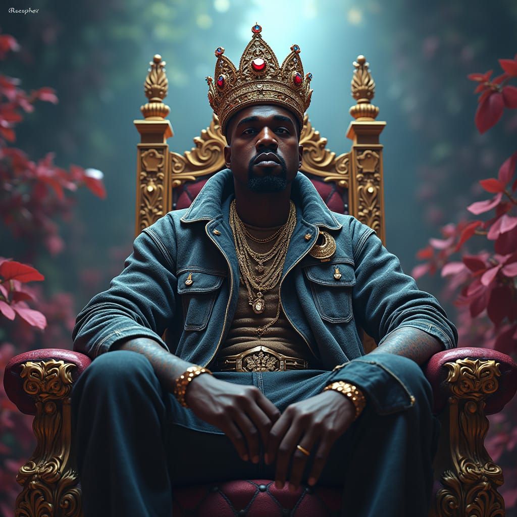 Regal Kanye West in Mysterious, Vibrant Surroundings