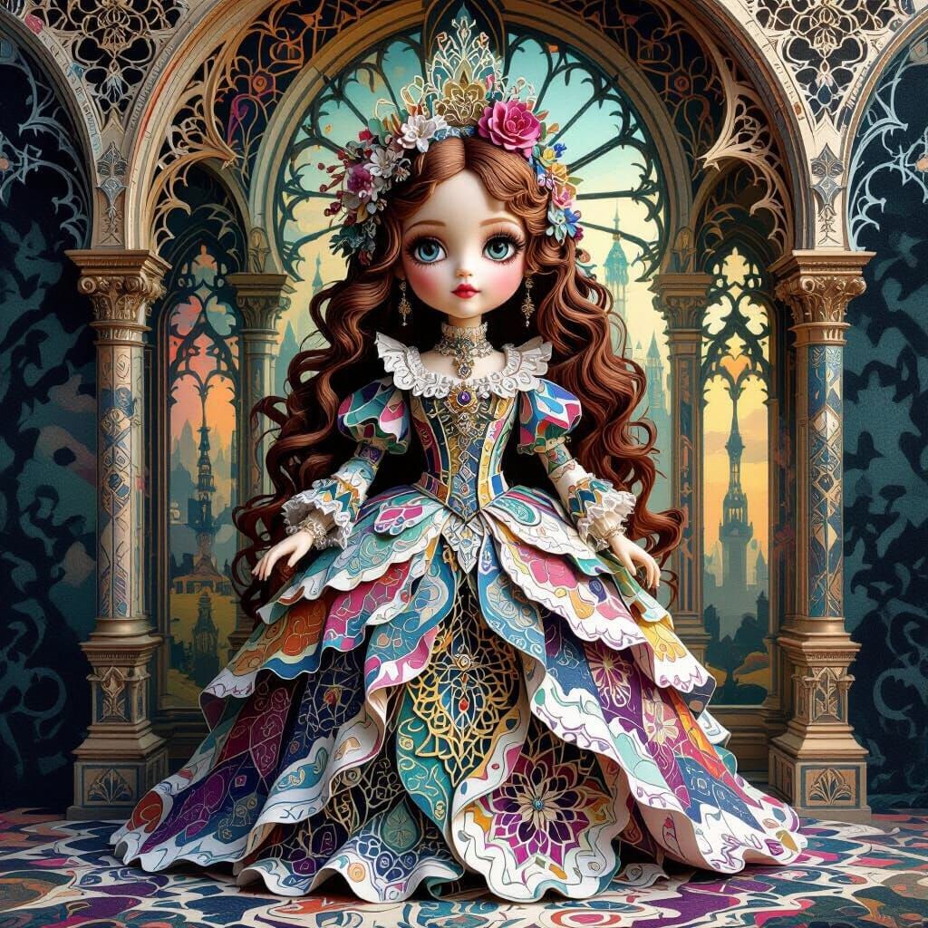 Surreal Doll in Labyrinthine Paper Art Style