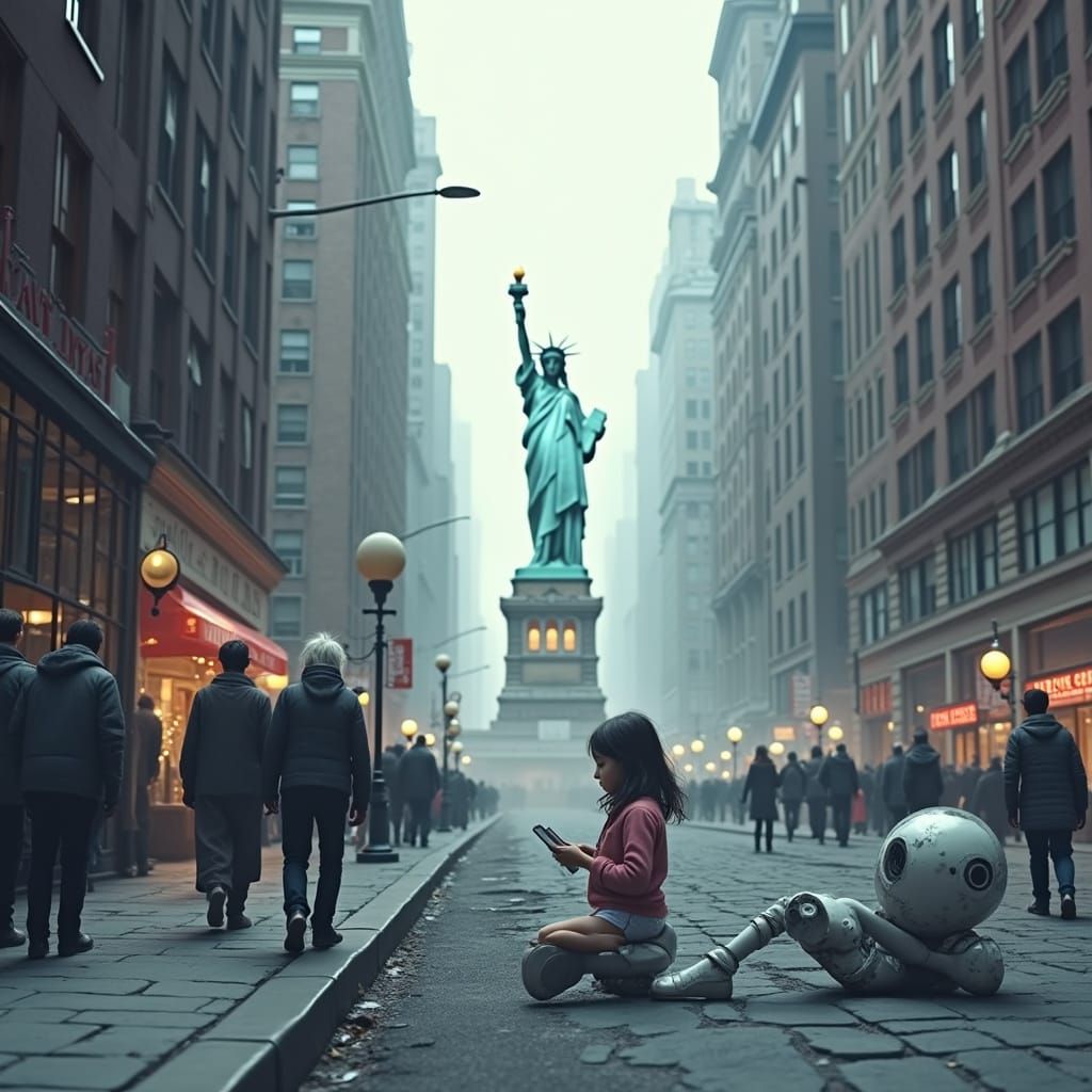 Futuristic Ruin of New York City in Vibrant Cartoon Style