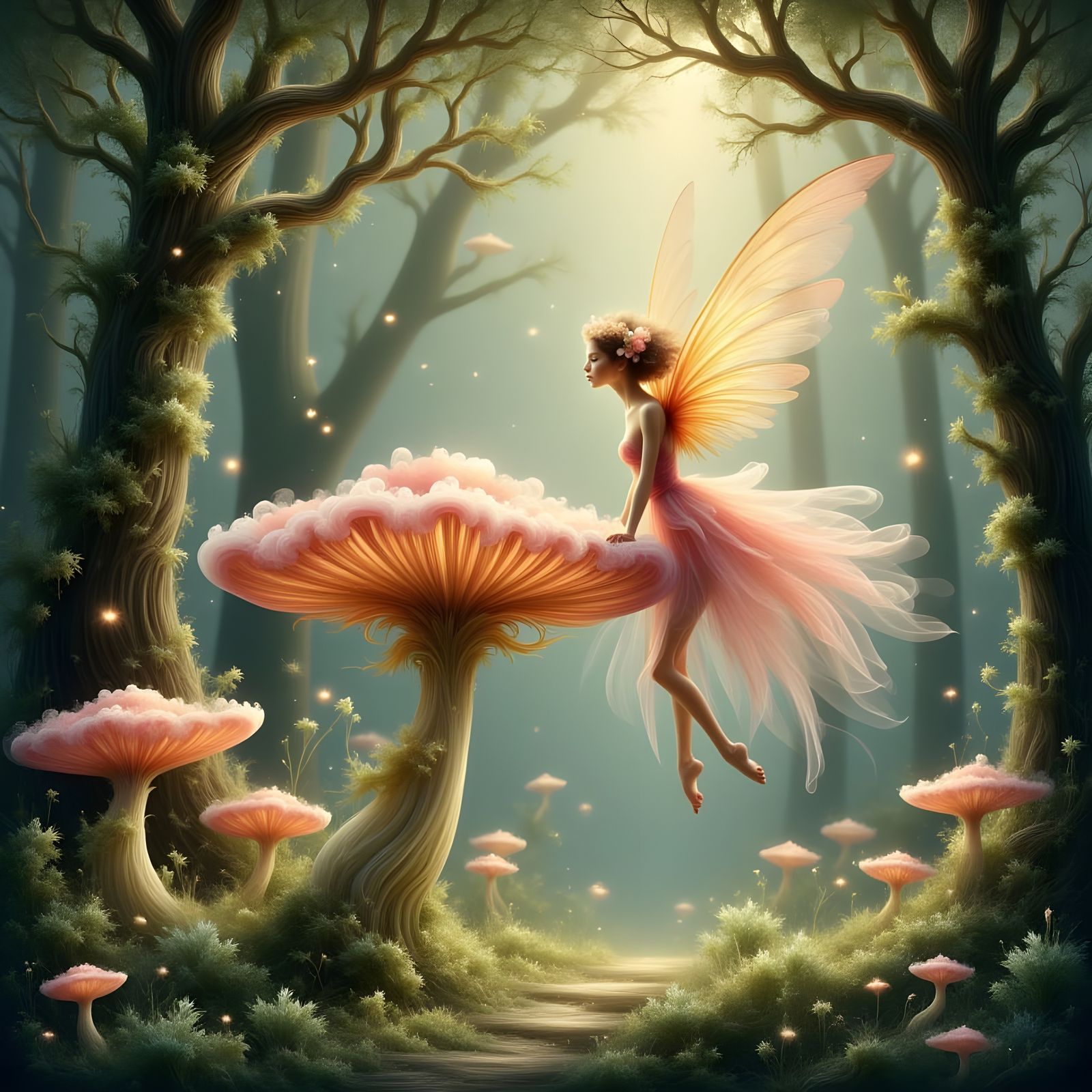 Enchanted Fairy on Luminous Mushroom, Watercolor Style