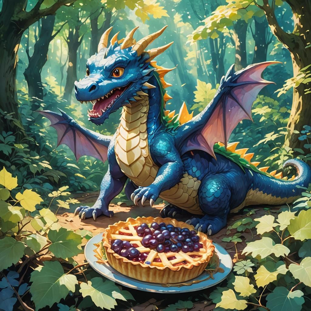 Cute Anime Dragon Eating Pie in Watercolor Forest