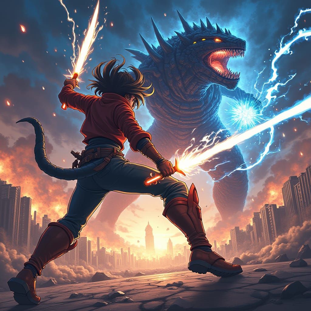 Anime Warrior Battles Mecha-Kaiju in Cityscape