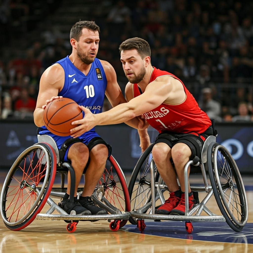 Two wheelchair basketball players in an infigth