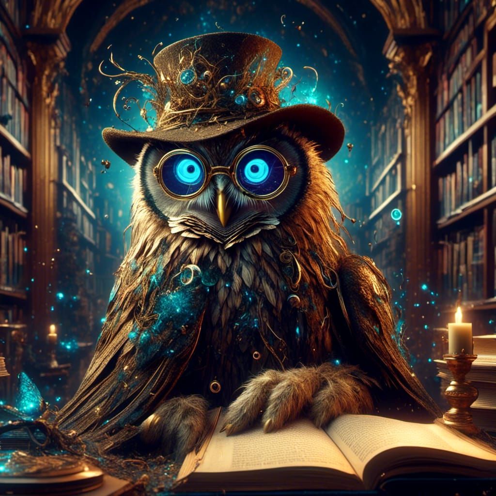 Owl in Library as Rockwell-Style Painting