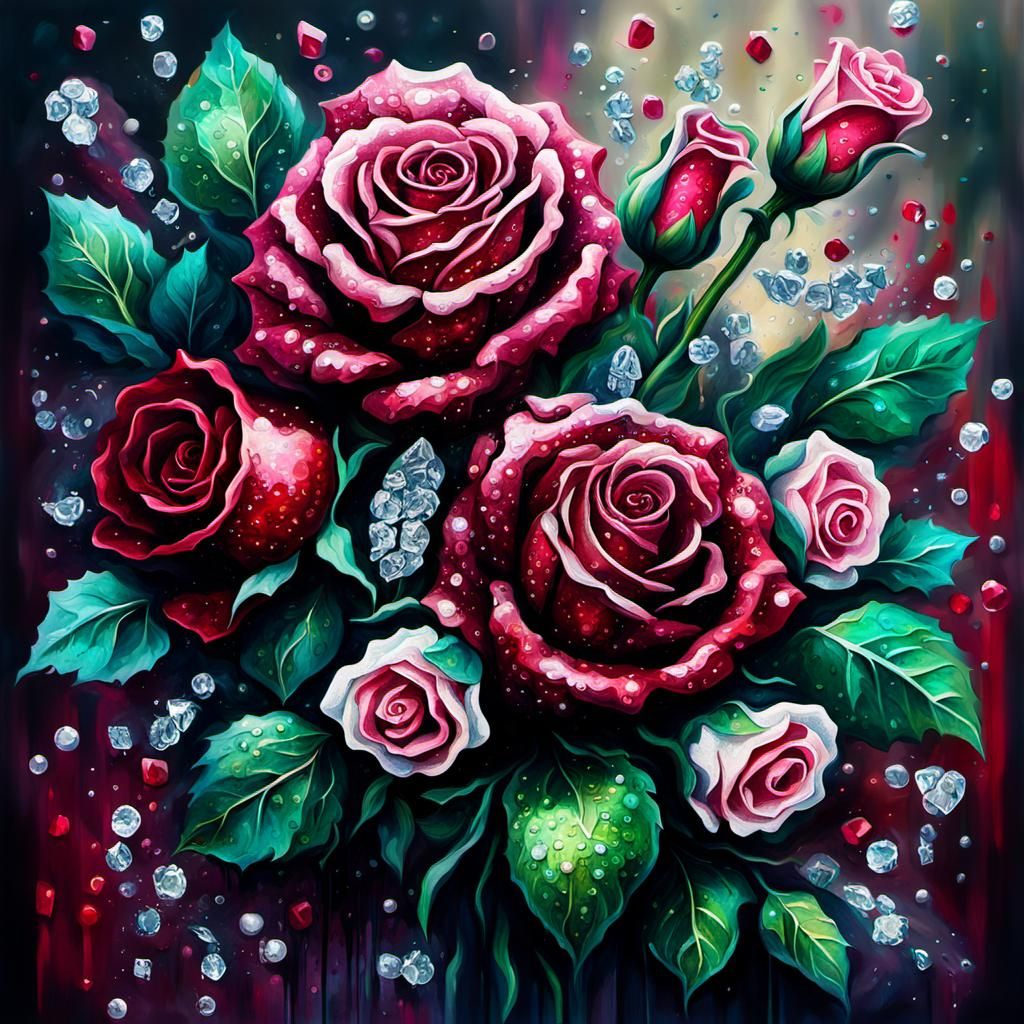 Baroque Ruby Rose Bouquet in Digital Art Style