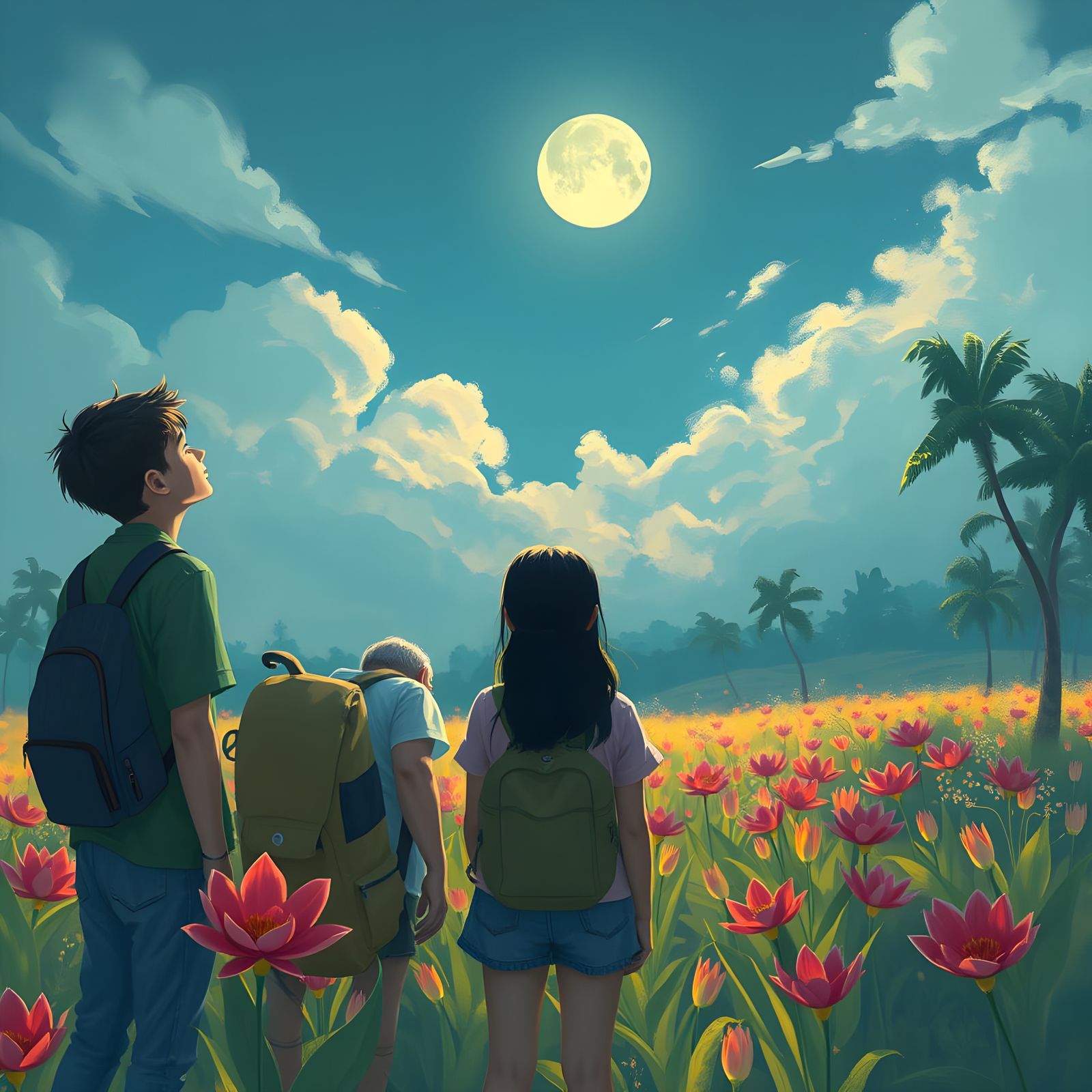 Students Marvel at a Vibrant Moonlit Scene in an Open Field