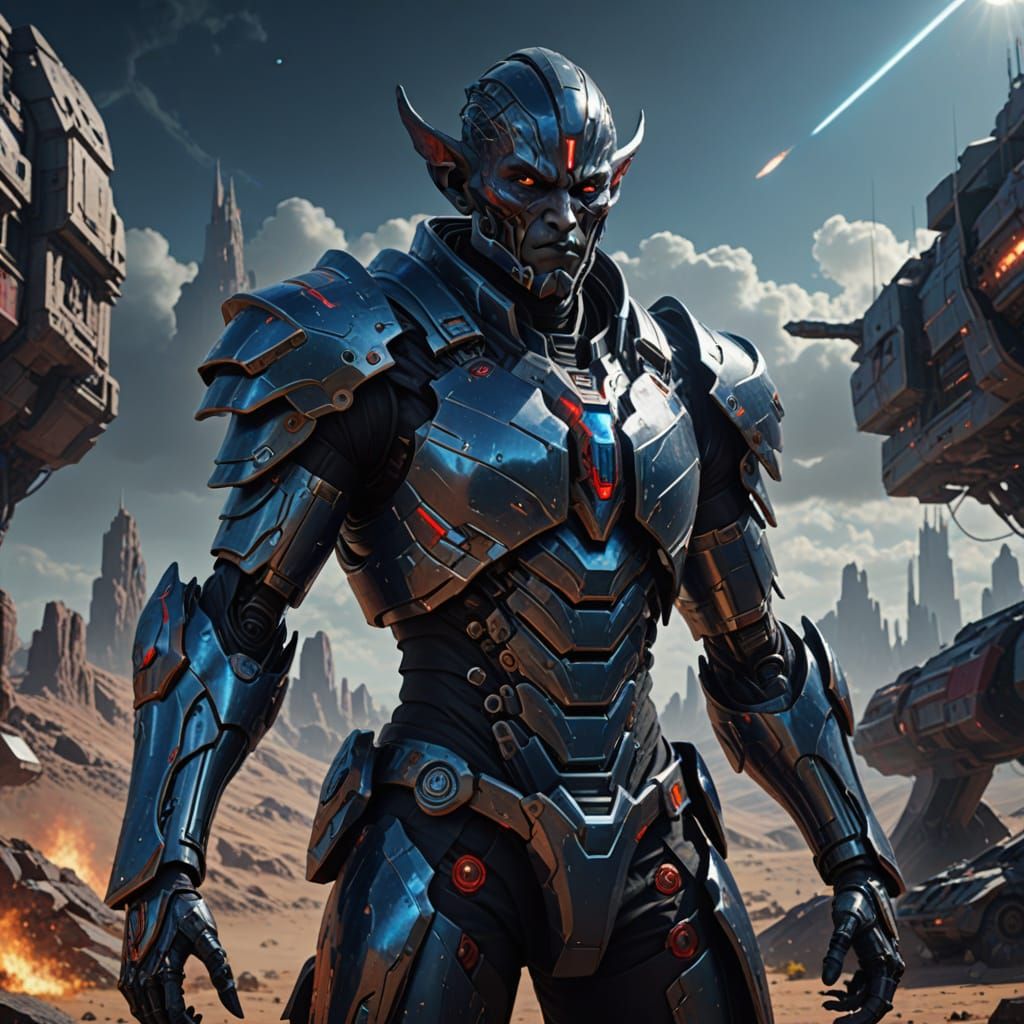 Cyborg Dark Elf Wields Sword in Futuristic Armor on Planet Z...