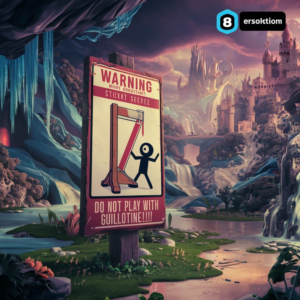Humorous Stick-Man Warning Sign: Do Not Play With Guillotine