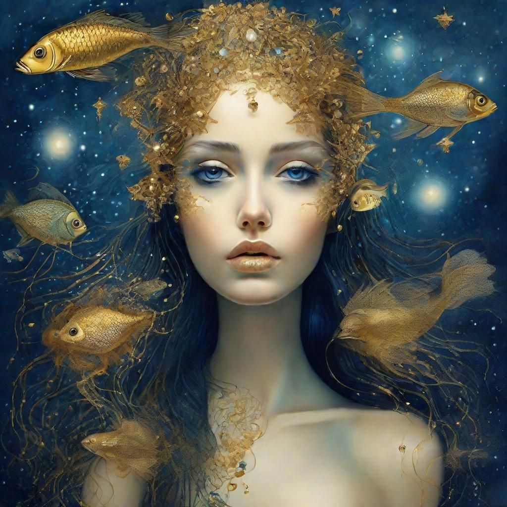Dreamy Blue Goddess with Goldfish and Crystals