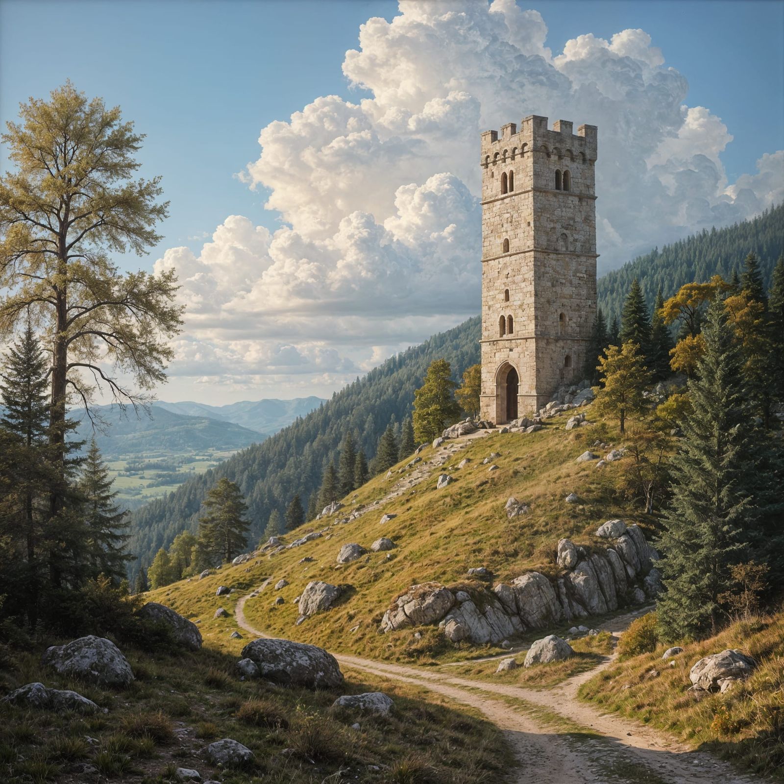 Medieval Masterpiece: Lonesome Tower Amidst Ancient Forest