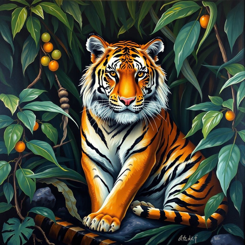 Majestic Tiger in Rainforest Oil Painting