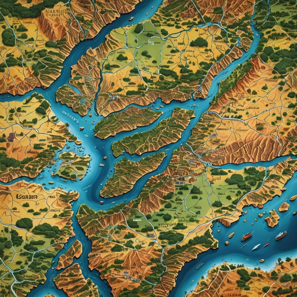 Catalonia Map Merged with River and Sea