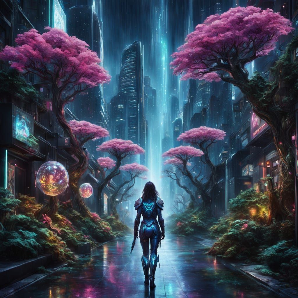 Galactic Warrior Emerges in Cyberpunk Cityscape