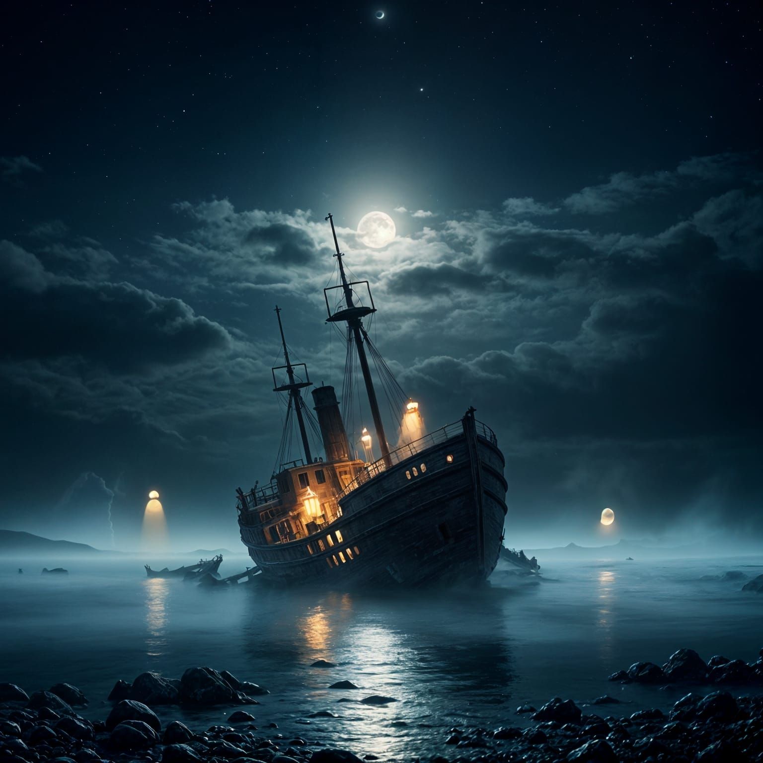 Haunted Shipwreck Adrift in Eerie Moonlight