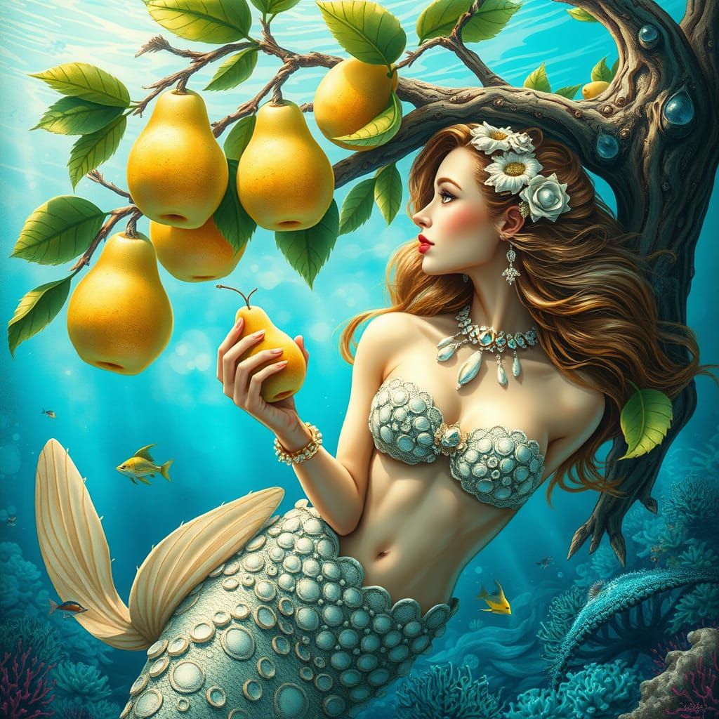 Underwater Mermaid with Pearl, Wet-on-Wet Painting