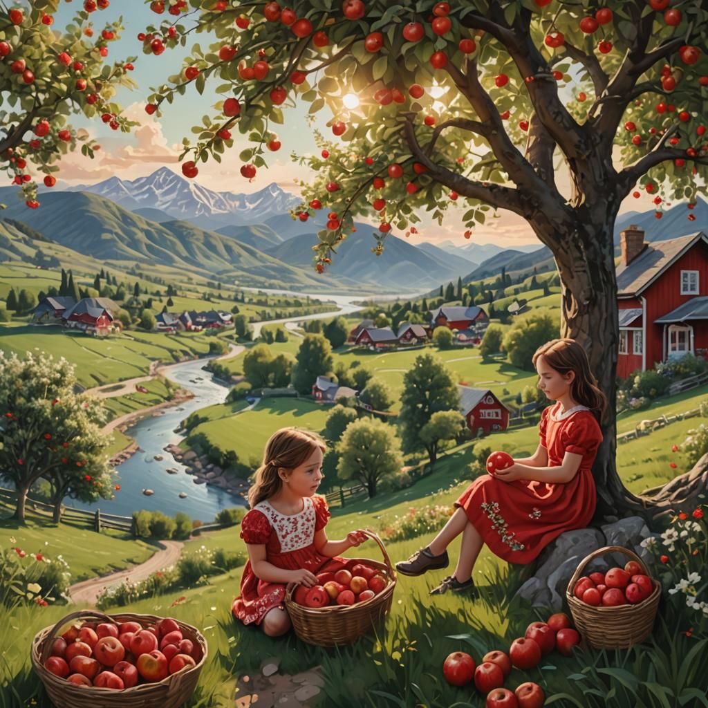 Girls in Orchard: Hyperrealistic Apple Harvest Scene