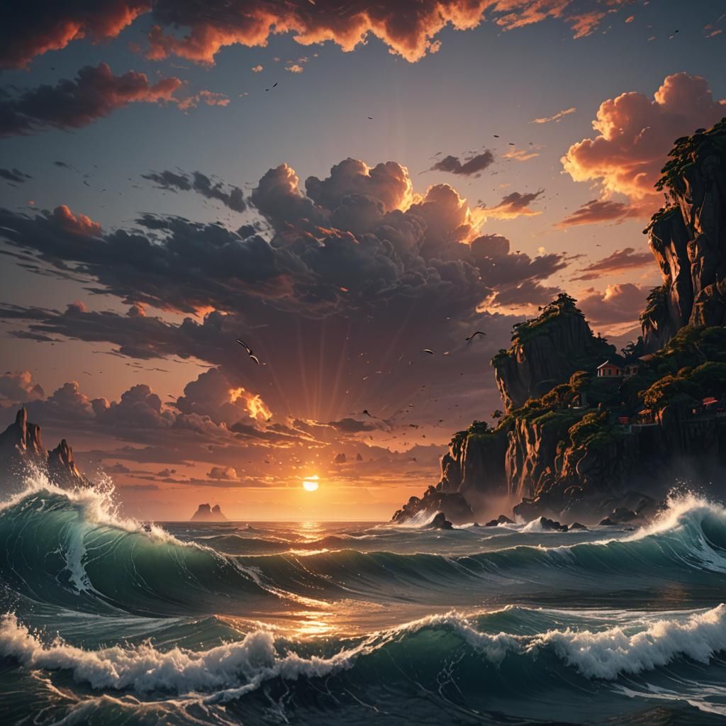 Sunset Ocean: Detailed Matte Painting in Deep Color