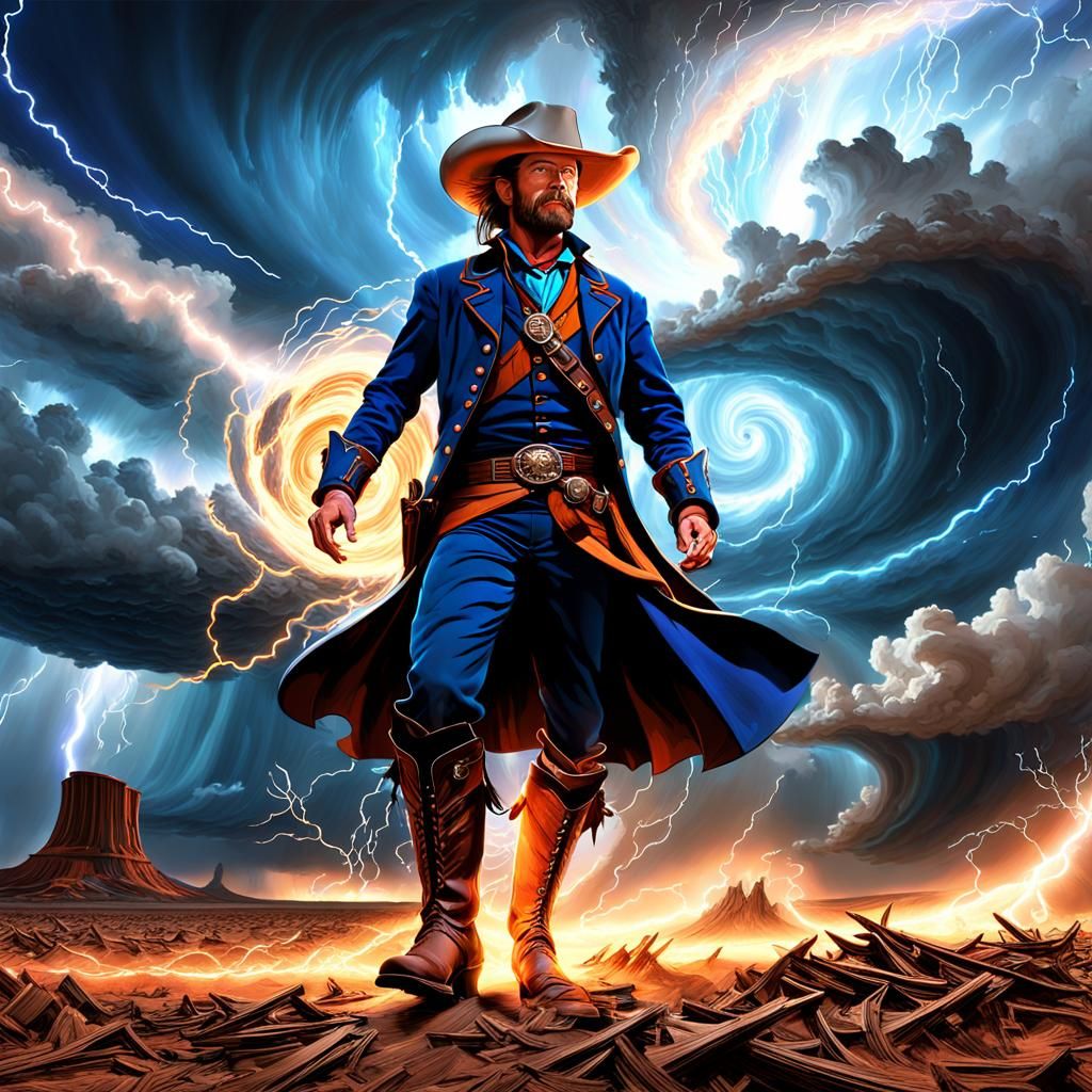 Cyberpunk Cowboy Rides Electric Storm