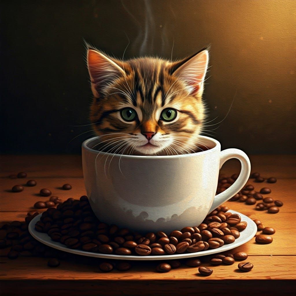 Whiskered Cat in Coffee Cup, Impressionist Style