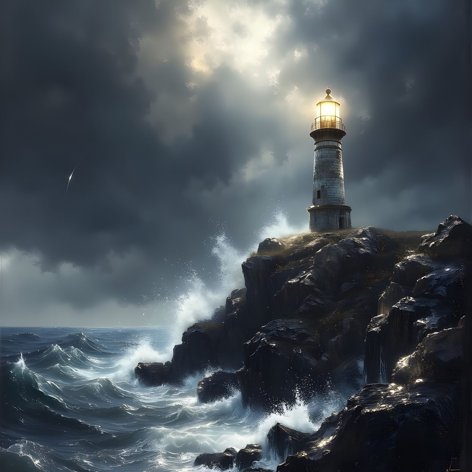 Weathered Lighthouse in Stormy Seas