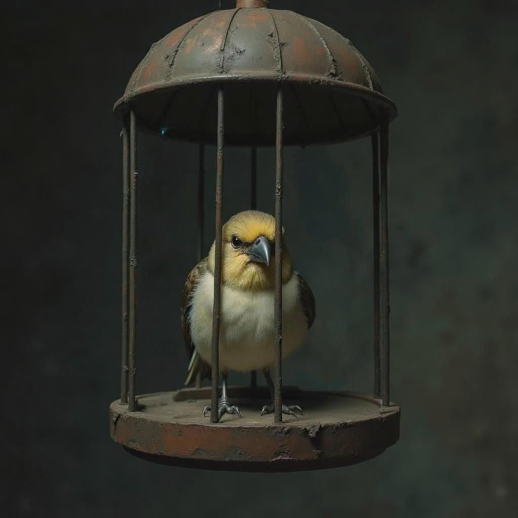 Depressive Birdcage Scene with Sad Bird