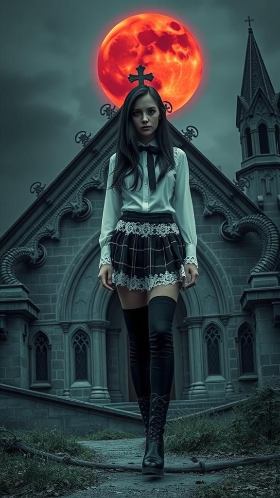 Sinister Goth Girl in Front of Old Church