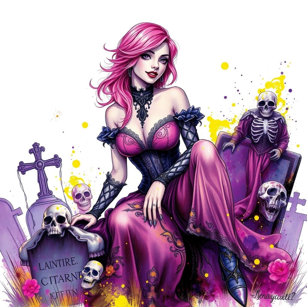 Pink-Haired Woman in Gothic Gown, Alcohol Ink Splatter Style