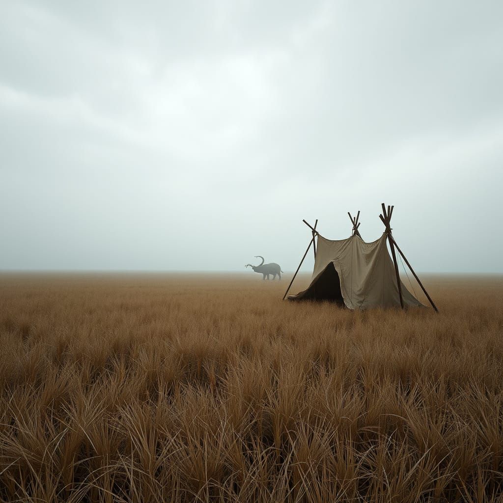 Desolate Grassland Landscape with Enigmatic Creature