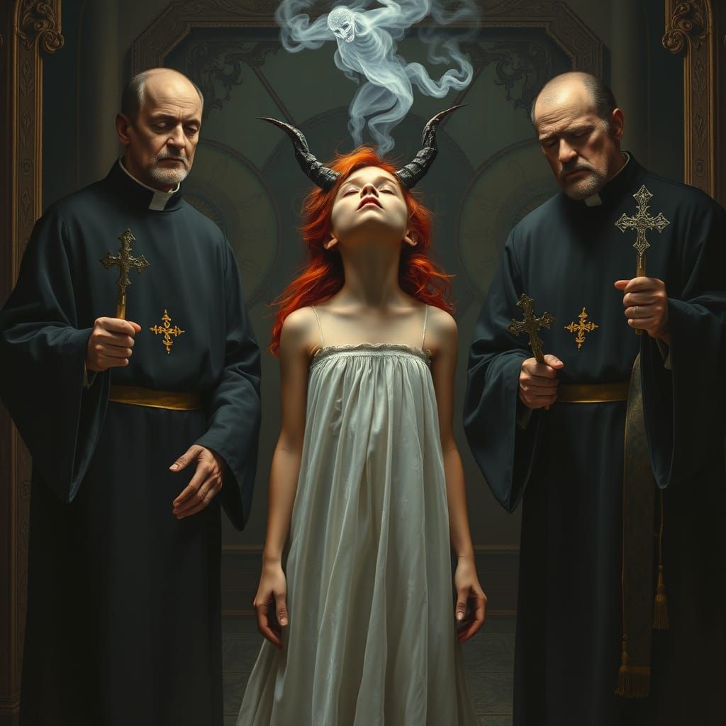 Distressed Redhead Girl Exorcised by Priests in a Haunting G...